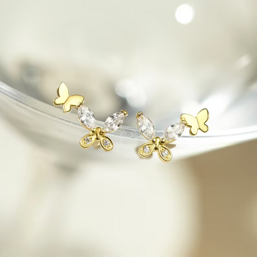 Double Butterfly Earrings, CZ Crystal Earrings, Minimalist Earrings